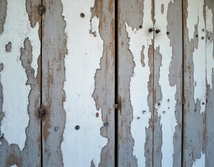 Weathered wooden planks with peeling white paint reveal aged wood grain. Vertical grey, white pattern shows rustic, old texture. Surface detail of decaying timber, flaking, chipped, fractured, rough,