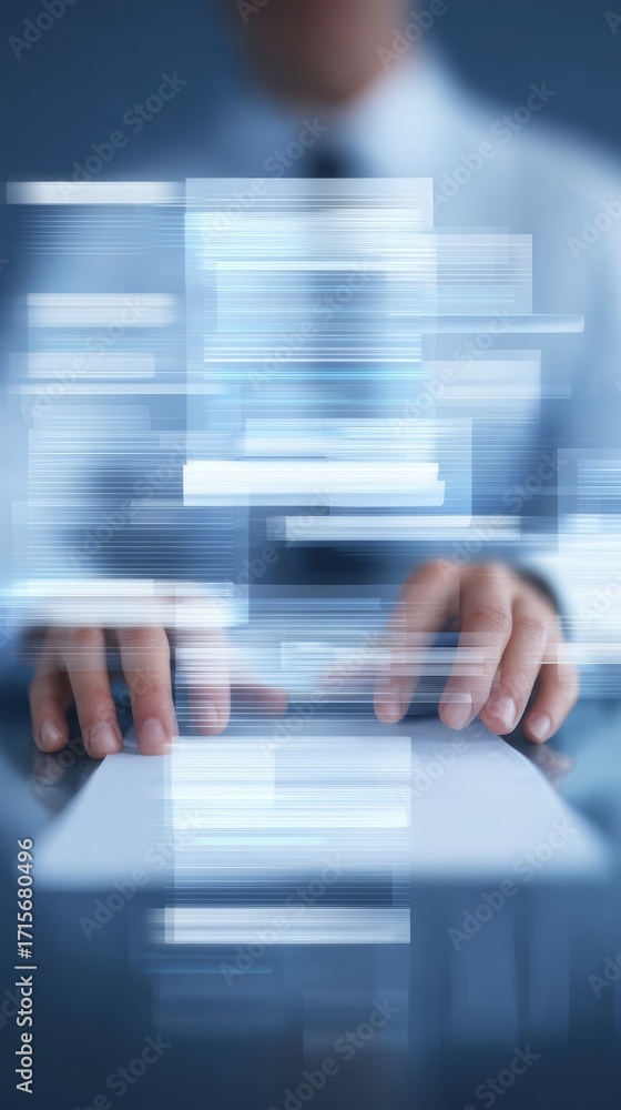 Poster man holding tablet displaying dynamic graph, data analysis and information visualization.