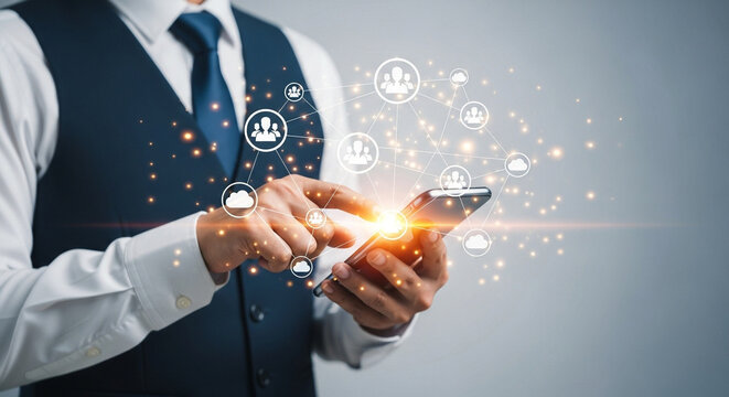 Man uses smartphone with connected people network and cloud icons on screen mobile technology