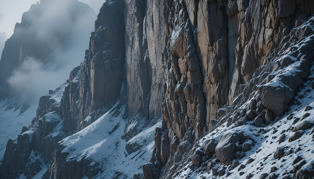 Majestic snow-capped mountain peaks pierce misty skies, revealing rugged, textured rock faces in dramatic light.
