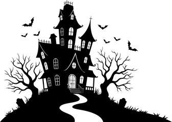 Spooky Halloween Silhouette A Haunted House with Bats and Barren Trees on a Hill