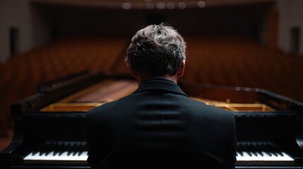 A musician performing a solo on a grand piano in a large, empty concert hall