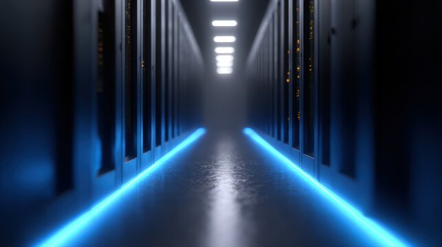 A 3D render of a futuristic server room with glowing blue light, symbolizing data processing and cloud technology.