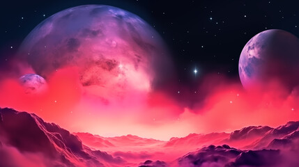 Alien planet fantasy landscape space background. Sci-fi horizontal poster. Science fiction digital raster bitmap illustration. Horizontal format wallpaper. AI artwork. 