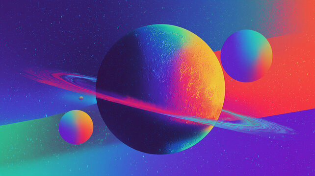 Vaporwave planets space poster background. Sci-fi horizontal poster. Science fiction digital raster bitmap illustration. Horizontal format wallpaper.	AI artwork.