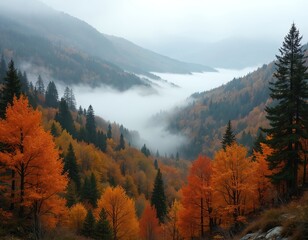 Misty autumn forest displays vibrant orange, yellow trees creating breathtaking fall foliage landscape. Deciduous trees show peak colors with crimson, gold hues. Cool, calm forest trail winds through