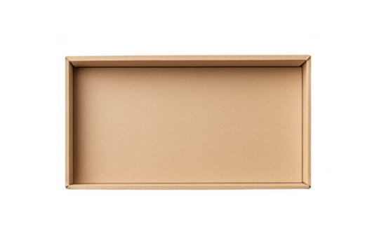 Top view empty rectangular beige cardboard box, open container, packaging mockup, delivery, storage, postal service, shipping isolated on transparent background