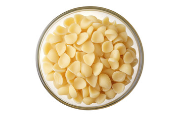 Bowl of macadamia nuts, shelled macadamia nuts, macadamia pieces, macadamia ingredients, close up, top view, nutritious food isolated on transparent background