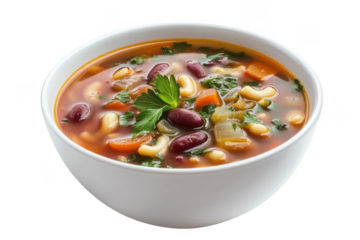 Delicious minestrone soup bowl with kidney beans, pasta, and vegetables stock photo, perfect for healthy eating concepts isolated on transparent background