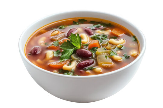 Delicious minestrone soup bowl with kidney beans, pasta, and vegetables stock photo, perfect for healthy eating concepts isolated on transparent background