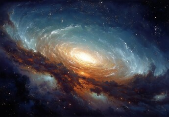 Fototapeta premium Oil painting of orange and blue swirling galaxy with central sun, surrounded by white waves and stars, glowing light, fantasy art in impressionism style, vibrant detailed colors.