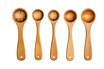 Set of five wooden measuring spoons with increments for cooking and baking, kitchen utensils, food prep tools, isolated on transparent background