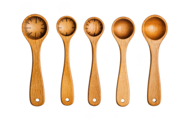 Set of five wooden measuring spoons with increments for cooking and baking, kitchen utensils, food prep tools, isolated on transparent background