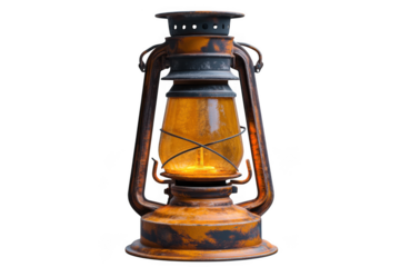 Vintage oil lantern, antique kerosene lamp, rustic lighting, camping lantern, old fashioned lantern, orange, brown, isolated on transparent background
