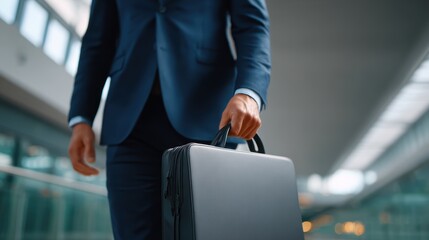 A dynamic shot of a person on a business trip, standing in an airport with their luggage and a laptop.