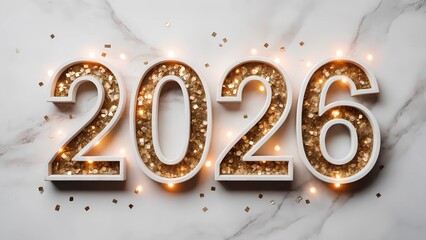 Carved 2026 digits filled with golden glitter and confetti on marble surface with glowing light effect, luxury elegant New Year celebration design