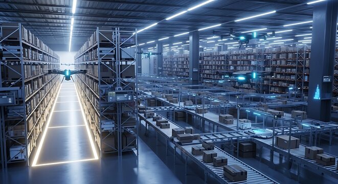 High-tech automated warehouse with drones and robotic conveyor systems optimizing smart logistics and supply chain management for futuristic inventory and efficient distribution processes - Powered by Adobe
