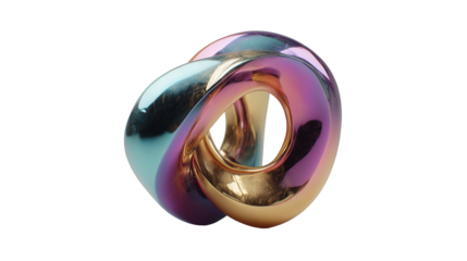 Abstract shiny torus sculpture with iridescent colors on transparent background