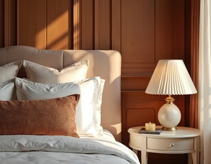Front view close-up of luxurious Parisian-style bed, side table with lamp in bright cozy apartment. Elegant bedroom decor features stylish modern furniture, creating chic, comfortable, inviting