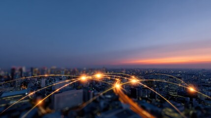 An aerial view of a vibrant cityscape, with glowing data lines connecting key financial centers, symbolizing finance and globalization.