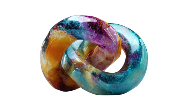 Abstract colorful interconnected shapes with marbled textures on transparent background