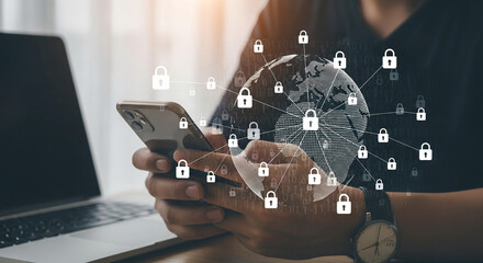 Person holding smartphone with global network of security locks cybersecurity data