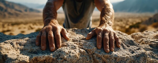 Person pushing large rock up steep path concept. A climber's hands gripping a rocky surface in a vast landscape.