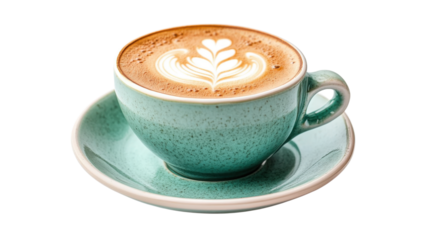  Hot coffee cappuccino latte art in jade color isolated on a white background