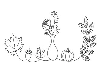 Elegant Autumnal Line Art Composition with Pumpkin Maple Leaf and Rose in Vase Beautiful Fall Themed Minimalist Design