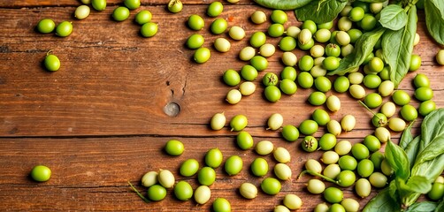 Fresh green beans scattered on rustic wooden background,  macro,  botany