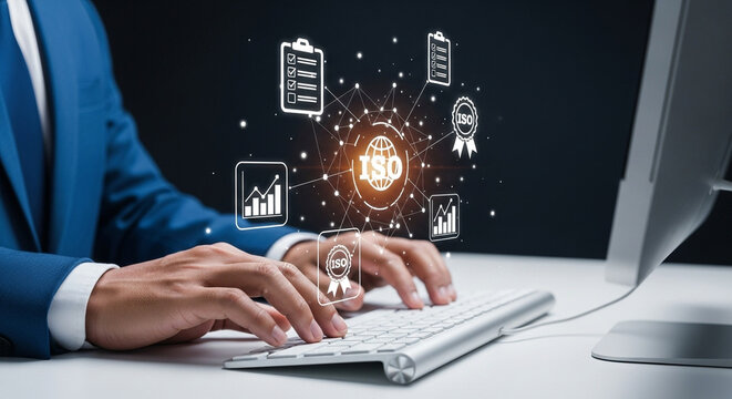 Person typing on keyboard with ISO certification and data analysis icons standard management