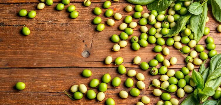 Fresh green beans scattered on rustic wooden background,  macro,  botany