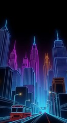 Vibrant futuristic cityscape with neon lights and high-speed train at night