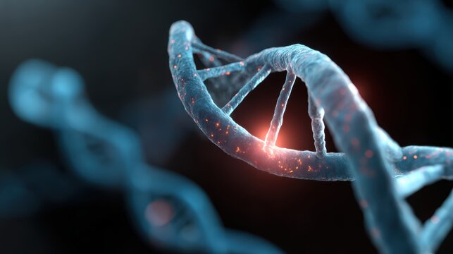 A conceptual image of biotechnology, with a DNA helix merging with futuristic technology symbols.