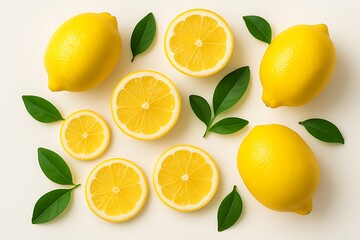 Fresh yellow lemons and green leaves arranged on a white background top view