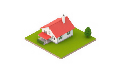Isometric view of a house with a red roof and a green lawn on a black background studio shot