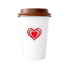 A white coffee cup with a brown lid and a red heart design on the side against a black background