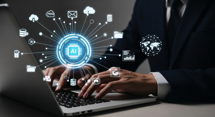 Person using laptop with AI and network of digital icons connecting artificial intelligence