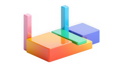 A minimalistic render of stacked rectangular prisms with vibrant pastel colors on a black background