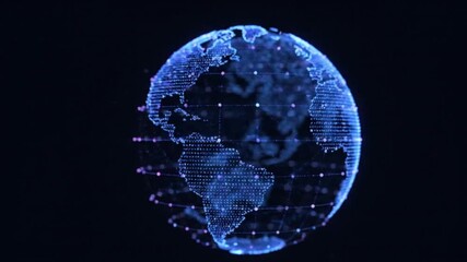 Digital wireframe globe made of glowing dots and connecting lines, futuristic holographic grid, neon blue and purple, on dark background. - Powered by Adobe