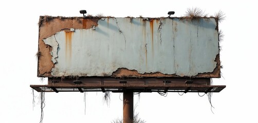 Weathered, decaying billboard with peeling paint, rust. Urban ruin, grunge texture background. Blank copy space for advertisement, signage, marketing template. Damaged, cracked metal structure with