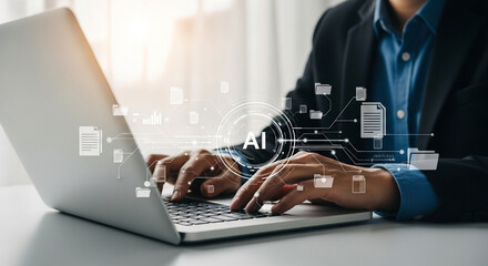 Person using laptop with AI interface and digital document icons computer typing