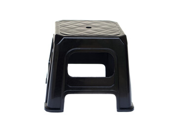 A black plastic stool with a simple and durable design, isolated on white background. Perfect for household, kitchen, garden, or office use, lightweight and easy to clean.