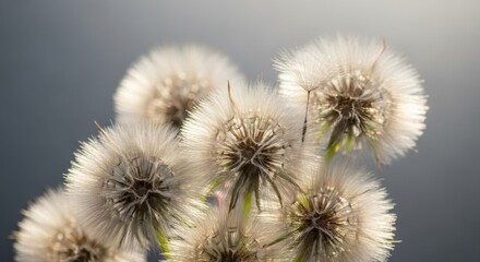 Delicate dandelion seed heads captured in a close-up macro photography floral arrangement