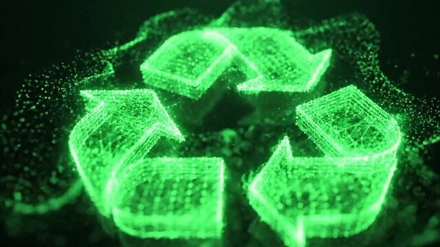 Recycle symbol made of glowing digital wireframe lines and particles, holographic neon green, futuristic environmental design, minimal dark background.