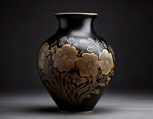 Ceramic vase 3D illustration. black ceramic vase with flowers paint on texture .