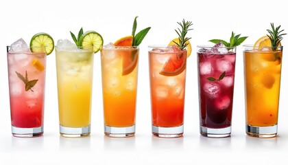 Assortment of non-alcoholic cocktails in tall glasses. Vibrant, colorful drinks like pink, yellow, orange, red, amber shades. Garnished with citrus slices, mint, rosemary sprigs. Served over ice for