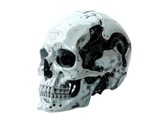 A white, polished skull with intricate mechanical components inside