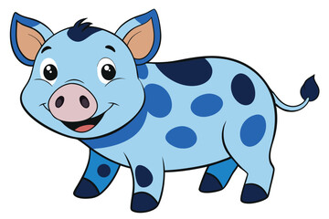 Cartoon Blue Spotted Pig, Smiling Animal Character on a White Background,