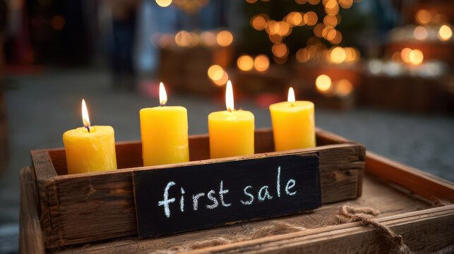 large yellow candles in an old wooden box